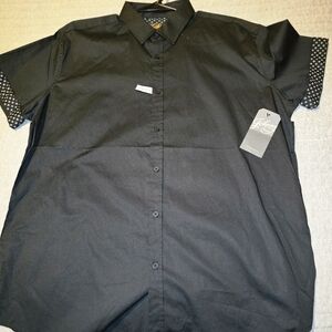 Black Short-Sleeve Button-Down Shirt with Polka Dot Cuff Detail